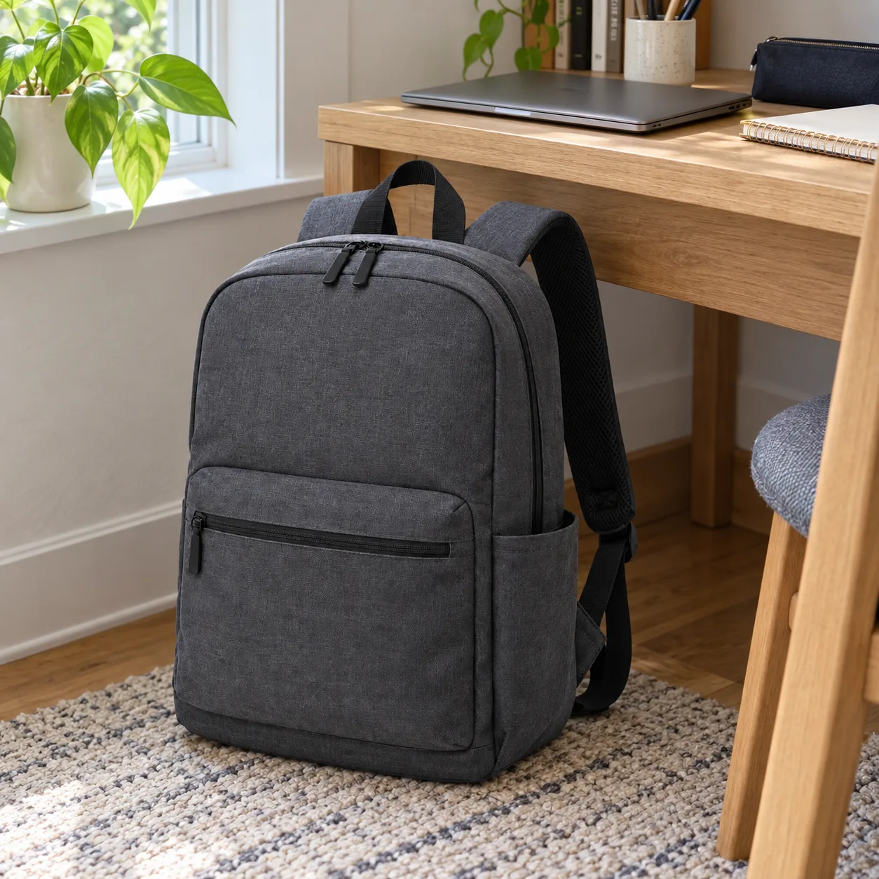 Backpack beside a home desk